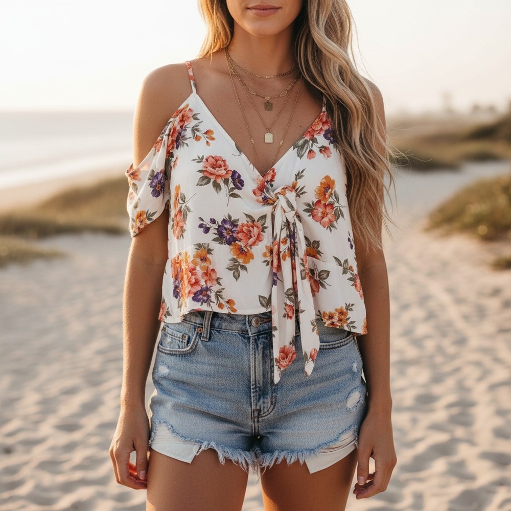 American Eagle S Crop Top Cream Floral Tie Cottage Boho Coquette Bloom Resort
